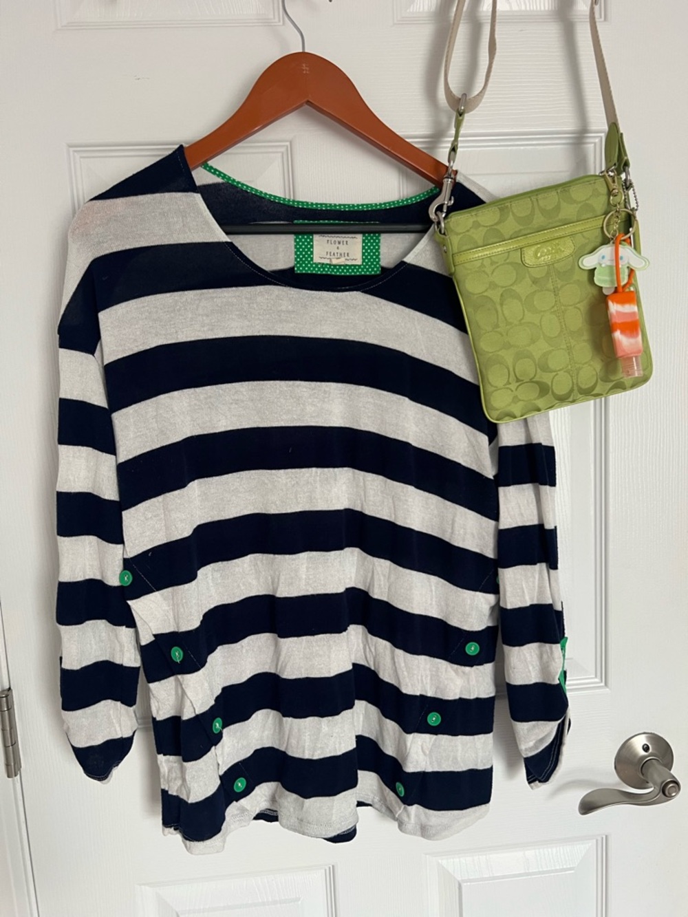 Flower & Feather Navy Top with Green Buttons